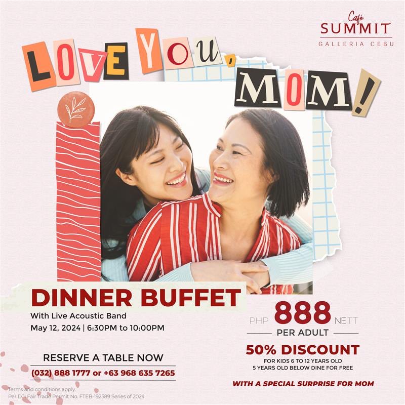 summit_hotels's tweet photo. 𝑬𝒙𝒑𝒓𝒆𝒔𝒔 𝒚𝒐𝒖𝒓 𝒍𝒐𝒗𝒆 𝒂𝒏𝒅 𝒈𝒓𝒂𝒕𝒊𝒕𝒖𝒅𝒆 𝒇𝒐𝒓 𝑴𝒐𝒎 𝒂𝒕 𝒕𝒉𝒆 𝑺𝒖𝒎𝒎𝒊𝒕. 💌
 
Treat her to a sumptuous Mother’s Day feast filled with delectable delights and #EnrichingMoments.
 
Reserve a table now!
#SummitHotelsPH 
#RobinsonsHotelsAndResorts https://t.co/NNIJDgeO7d