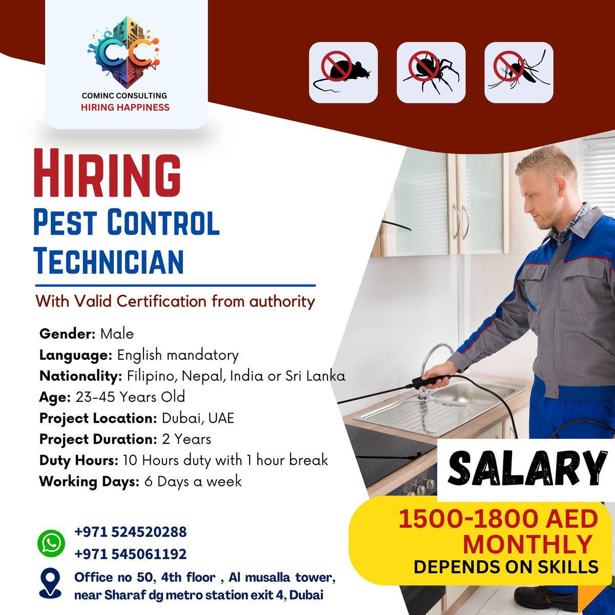 Hiring: Pest Control Technician

#dubaijobs #dubai #jobs #uaejobs #uae #jobsindubai #jobsearch #job #jobsinuae #gulfjobs #abudhabijobs #recruitment #dubailife #abudhabi