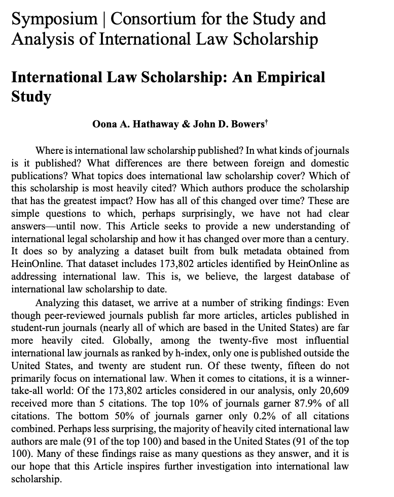 New article, with @john_bowers_: 'International Law Scholarship: An Empirical Study,' in YJIL (@YJILonline). We present results from an analysis of 173,802 International law articles. papers.ssrn.com/sol3/papers.cf… Read on for key takeaways (including top authors and journals). 1/