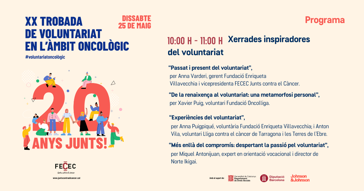 👉 El pròxim 25 de maig obrirem la XX Trobada de voluntariat en l'àmbit oncològic amb 4 xerrades inspiradores sobre voluntariat. 🖊️ Inscriu-te a la trobada en aquest🔗 tr.ee/EfPZw0qi8g #voluntariatoncològic