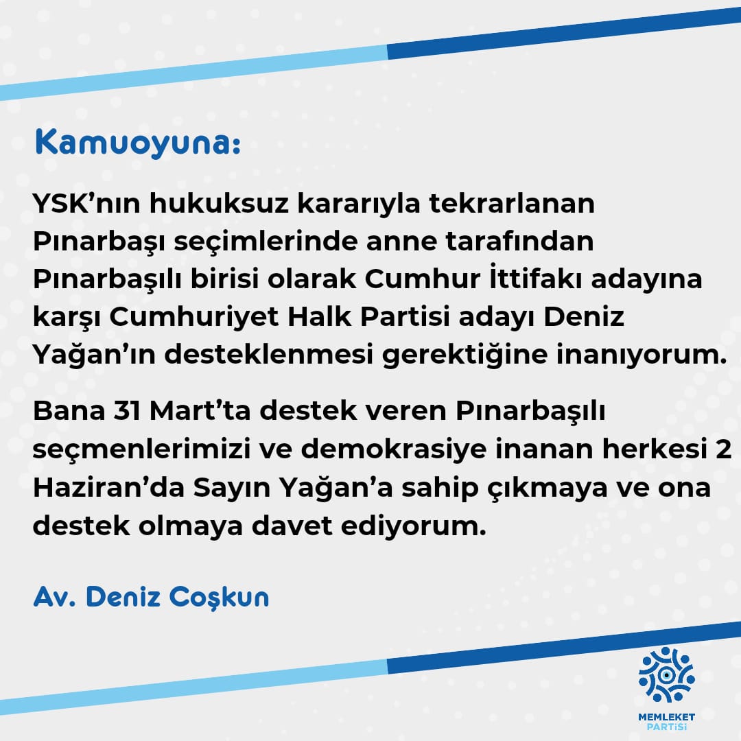 _denizcoskun's tweet image. Bana 31 Mart’ta destek veren Pınarbaşılı seçmenlerimizi ve demokrasiye inanan herkesi 2 Haziran’da Sayın Deniz Yağan’a sahip çıkmaya ve ona destek olmaya davet ediyorum.
#kayseri #pınarbaşı
