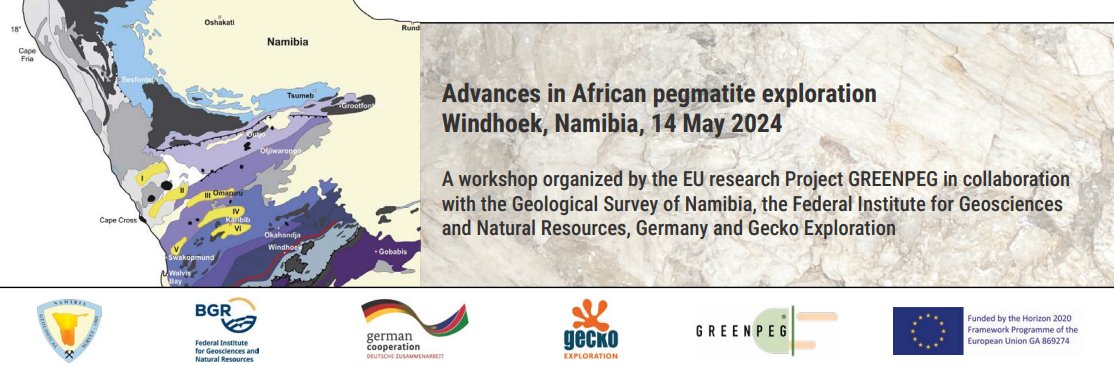 🌍 Join the 'Advances in African Pegmatite Exploration' workshop by @H2020GREENPEG & partners! 📅 14 May 2024 📍 Windhoek, Namibia 🔍 Agenda & to register👉 bit.ly/3JTuTlW ❗️ Deadline: 10 May. Don't miss out! #PegmatiteExploration #GREENPEG #GeologicalResearch