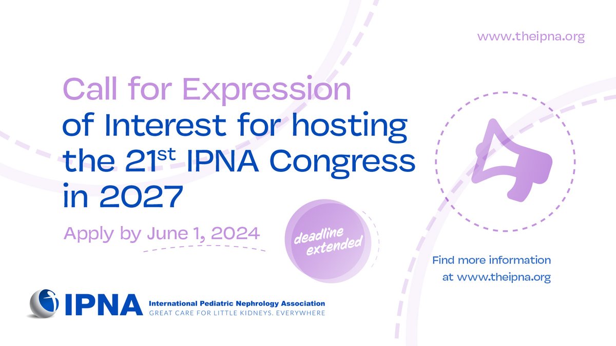 Deadline Extended: Request for Expressions of Interest (EOI) @IPNA_PedNeph is inviting expressions of interest to host the 21st #Congress in 2027. 🔍Learn more 👉tinyurl.com/4y4byvb9 🆕 Closing date for proposals: Jun 1, 2024 #pedneph