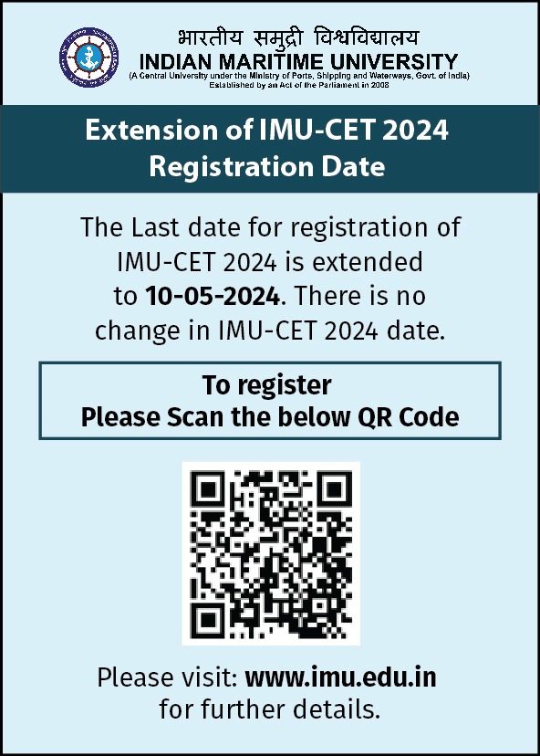 IMUCET Application Deadline Extended to May 10, 2024 @IMU_HQ @dgship_goi @shipmin_india In a recent development: The Indian Maritime University Common Entrance Test (IMUCET) has extended its application deadline to May 10, 2024. Despite this extension, the exam date remains…