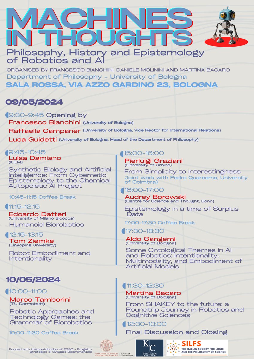 Marco Tamborini (@tambomarco) on Twitter photo Interested in #philosophy, #history, and #epistemology of #robotics and #AI? Check out the "MACHINES IN THOUGHTS" workshop at University of Bologna (<a href="/Unibo/">Università di Bologna</a>).
Looking forward to discussing there in a couple of days! 🤖 Interested in #philosophy, #history, and #epistemology of #robotics and #AI? Check out the "MACHINES IN THOUGHTS" workshop at University of Bologna (<a href="/Unibo/">Università di Bologna</a>).
Looking forward to discussing there in a couple of days! 🤖