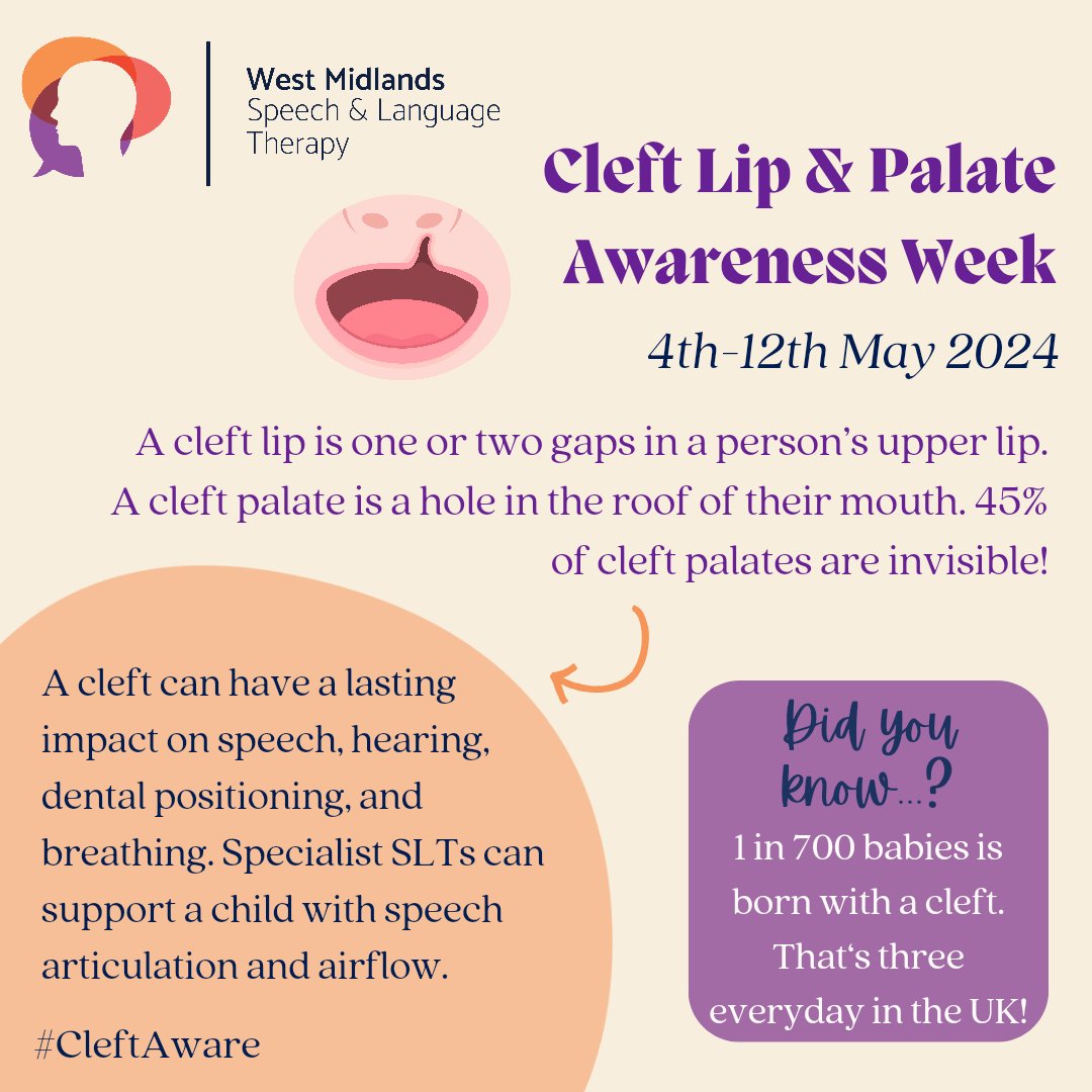 This week is Cleft Lip and Palate Awareness Week ‼️‼️ We work closely with the #SLT team at the children's hospital to ensure timely support is in place for children on our caseload who have a #cleft. ⭐ Check out @CLAPACOMMUNITY posts this week ⭐ #CleftAware