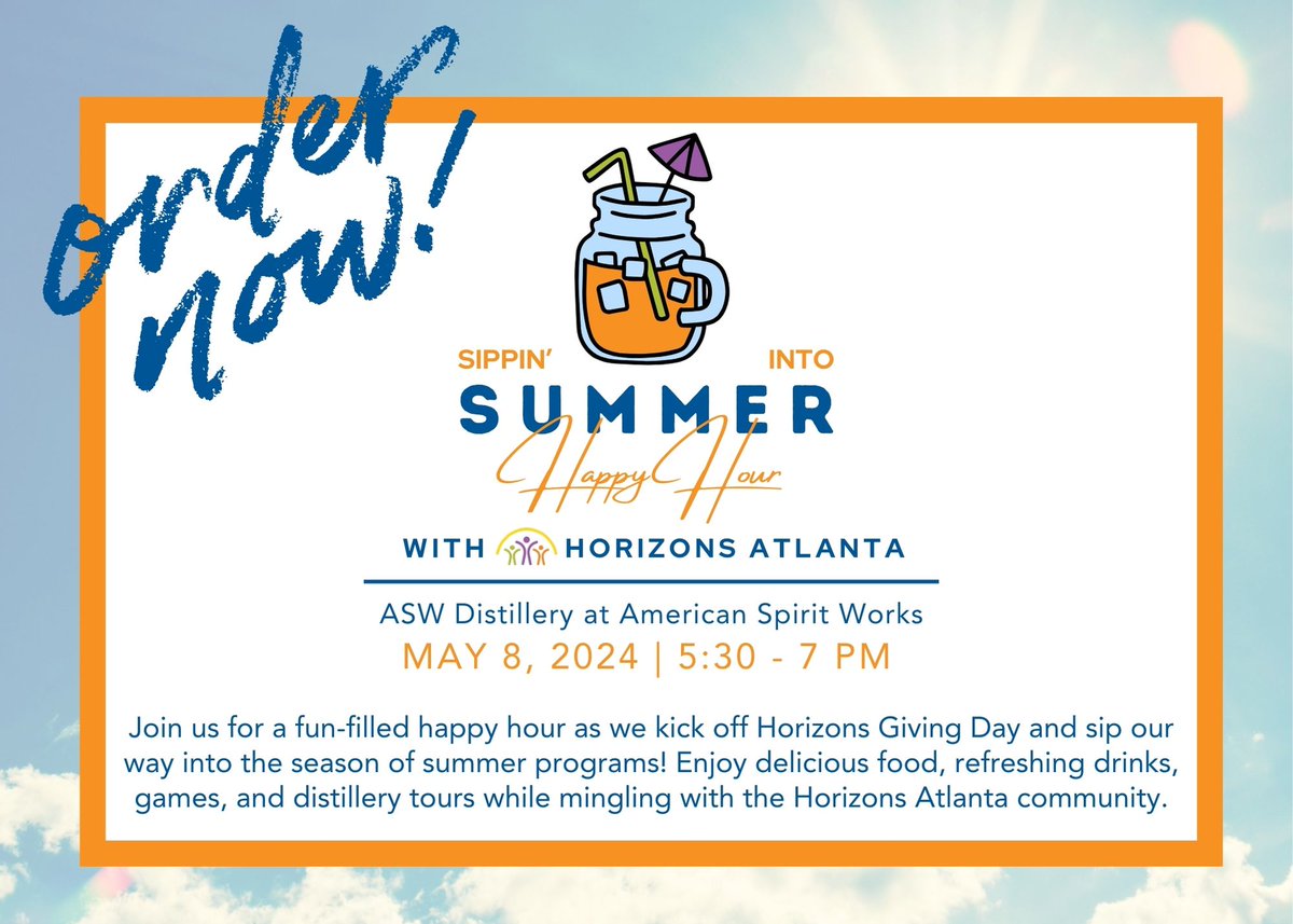 Want to learn about Horizons Atlanta’s programs? Join us for Sippin’ Into Summer on Wed., May 8th to enjoy food, drinks, and hear about how Horizons sites across metro Atlanta inspire learning, build community and nurture joy. Register at “linktr.ee/horizonsatlanta” &amp; join the fun!