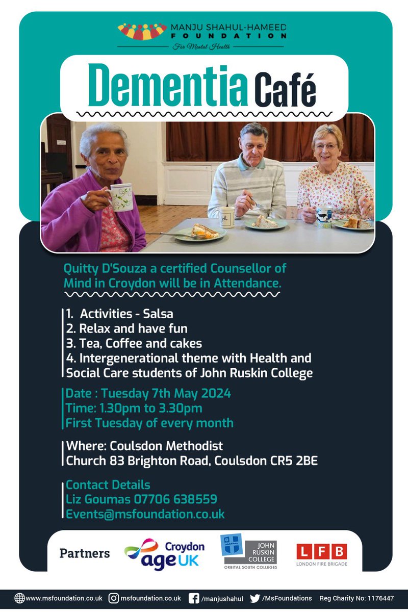 Join @MSHFoundations TOMORROW at Coulsdon Methodist Church for our dementia cafe. Connect with others, share stories, and enjoy a supportive environment.Together, we are stronger.#CommunityCaring @JRuskinCollege @LFB_Croydon @alzheimerssoc @AgeUKCroydon @MPSCroydon @yourcroydon