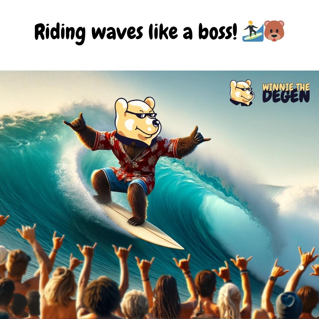 From crypto waves to ocean waves, Winnie dominates them all! 🐻🌊 #WinnieTheSurfer #MemeLife $Winnie