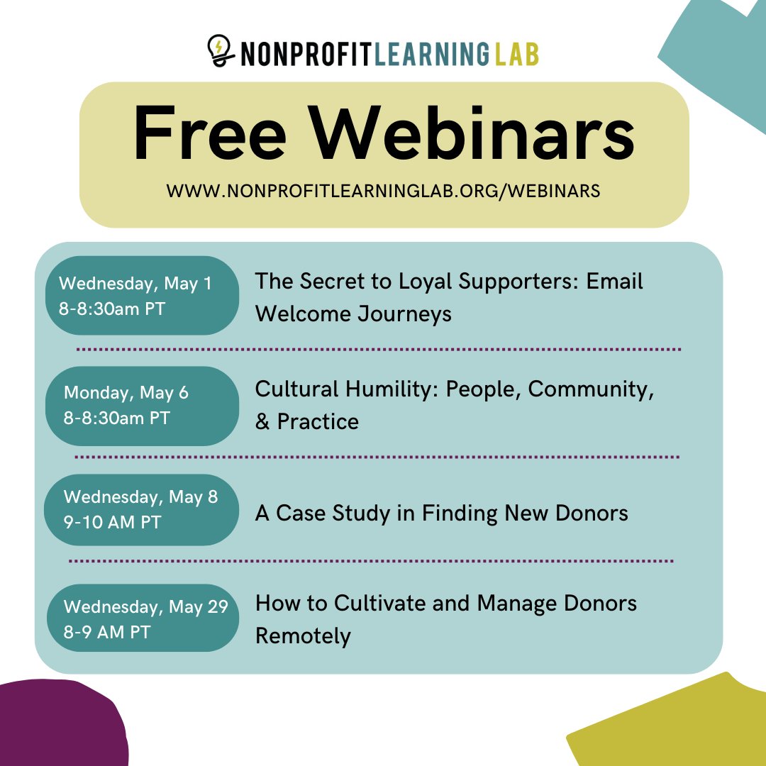 Hello Mentoring Matters Community! 👋 ✨We want to share these FREE webinars from the @nonprofitll happening this May! More FREE webinars at: nonprofitlearninglab.org/webinars #Nonprofit #MentorsAndLeaders #MentoringMatters #NonProfits