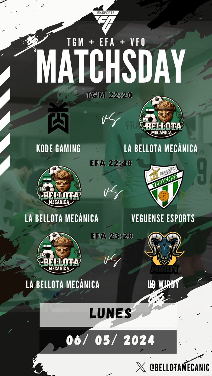 📅PARTIDOS DE ESTA NOCHE📅

🏆@LigaTGM - Jornada 10 🆚@KodeGamingES 22:20⏰

🏆@EFAesportsSpain - Jornada 15 🆚@VeguenseeSports 22:40 ⏰

🏆@VFOspain - Jornada 12 🆚@UDWirdy76665 23:00⏰