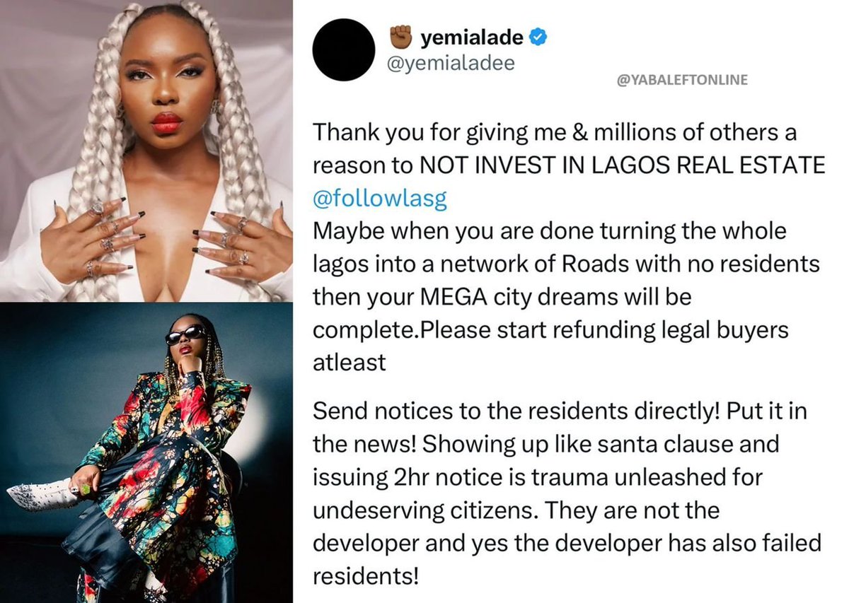 “Thank you for giving us reasons not to invest in Lagos real estate' - Yemi Alade calls out Lagos state govt over the demolition of illegal buildings in the state.