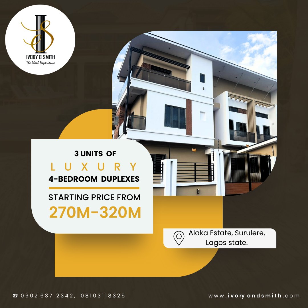 Step into the ultimate comfort zone with our inviting 4-bedroom duplexes, where luxury meets practicality for a lifestyle that's both lavish and livable.

LOCATION: Alaka Estate, Surulere, Lagos State, Nigeria.

#houseforsale #lagospropertyforsale #surulereproperties