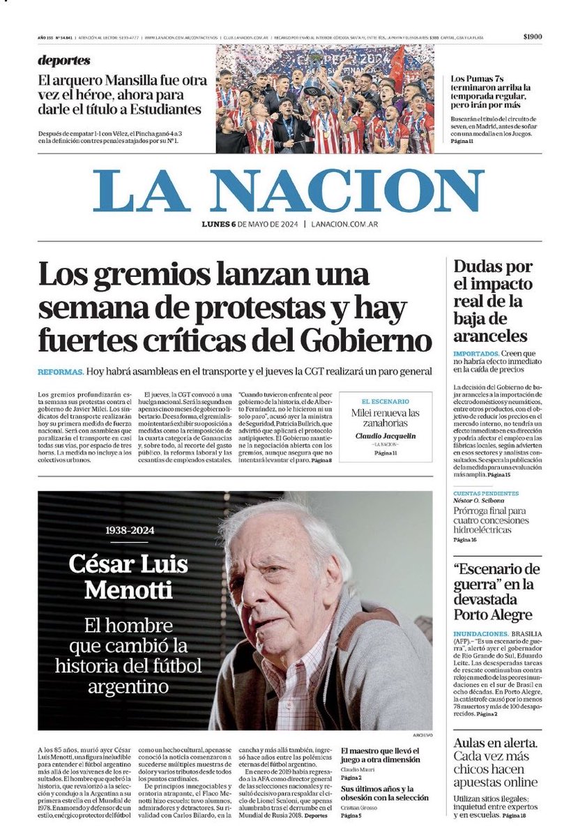 Las portadas de los diarios de hoy con la partida de Cesar Luis Menotti: