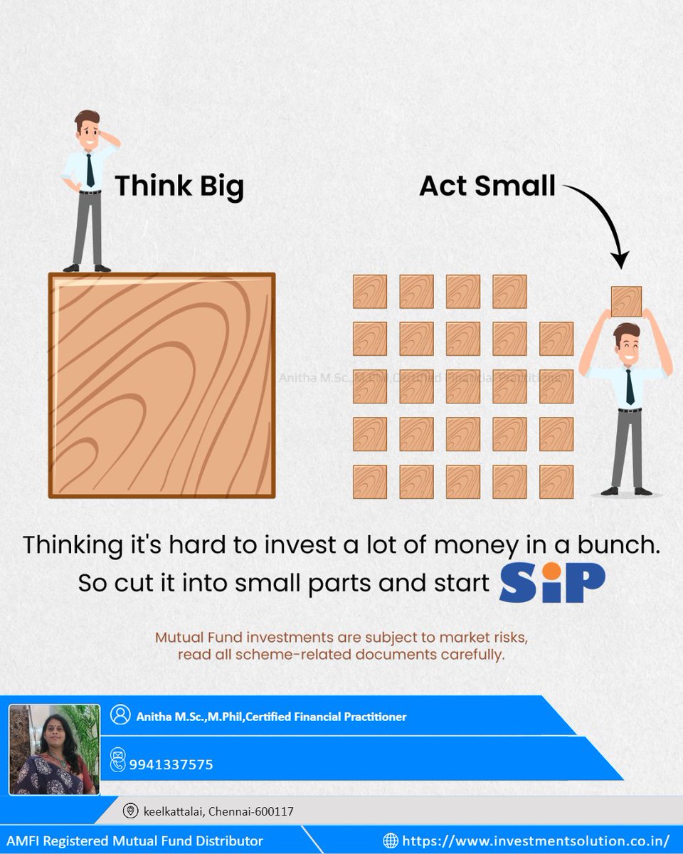 Rome wasn't built in a day, and neither is wealth. By thinking big but acting small with SIPs

#BigPictureThinking #BreakitDown #StartSIP #ConsistencyisKey
#ReviewandAdjust #StayInformed #CelebrateMilestones
#financialexpert #goals 
#mutualfundadvisor #investmentsolutions