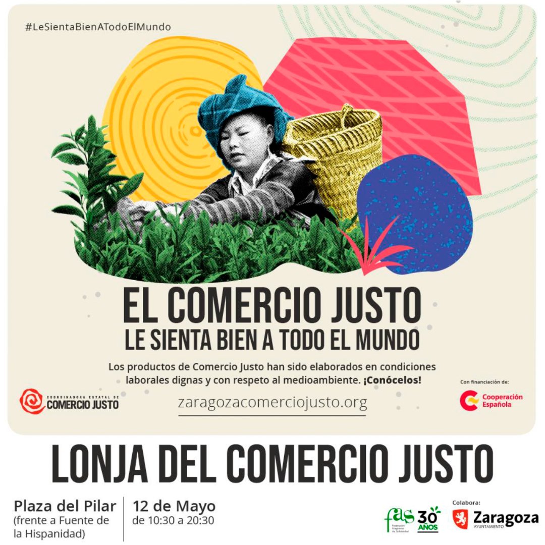 🔔El 11 de mayo celebramos el #DíaMundialdelComercioJusto con una invitación a café, té o infusión de #ComercioJusto ☕ a quien quiera acercarse a nuestro @espacioentremujeres ¡Y no te pierdas al día siguiente todo lo que se viene en la Plaza del Pilar! zaragozacomerciojusto.org/lonja-comercio…