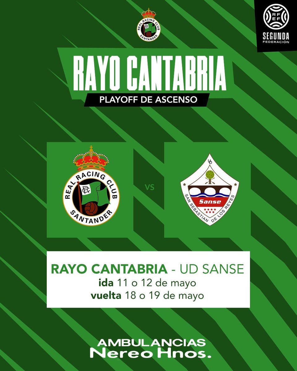 ⚡ ¡Ya conocemos a nuestro primer rival en el playoff de ascenso a #PrimeraFederación! 

🆚 @UDSanse 
🗓 La ida se disputará el 11-12 de mayo y la vuelta el 18-19. 

#CanteraRRC 🟢⚪️