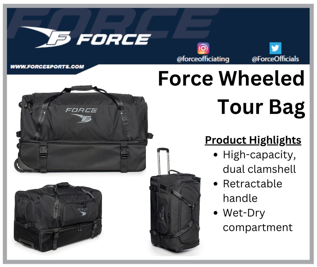 ForceOfficials's tweet image. CHECK IT OUT!🔥  
Force Sports is happy to introduce the Force Wheeled Tour Bag! This bag has everything Officials need, from wheels and a retractable handle, to wet-dry compartments!  

Stay tuned for more details on when you can get your hands on one!
