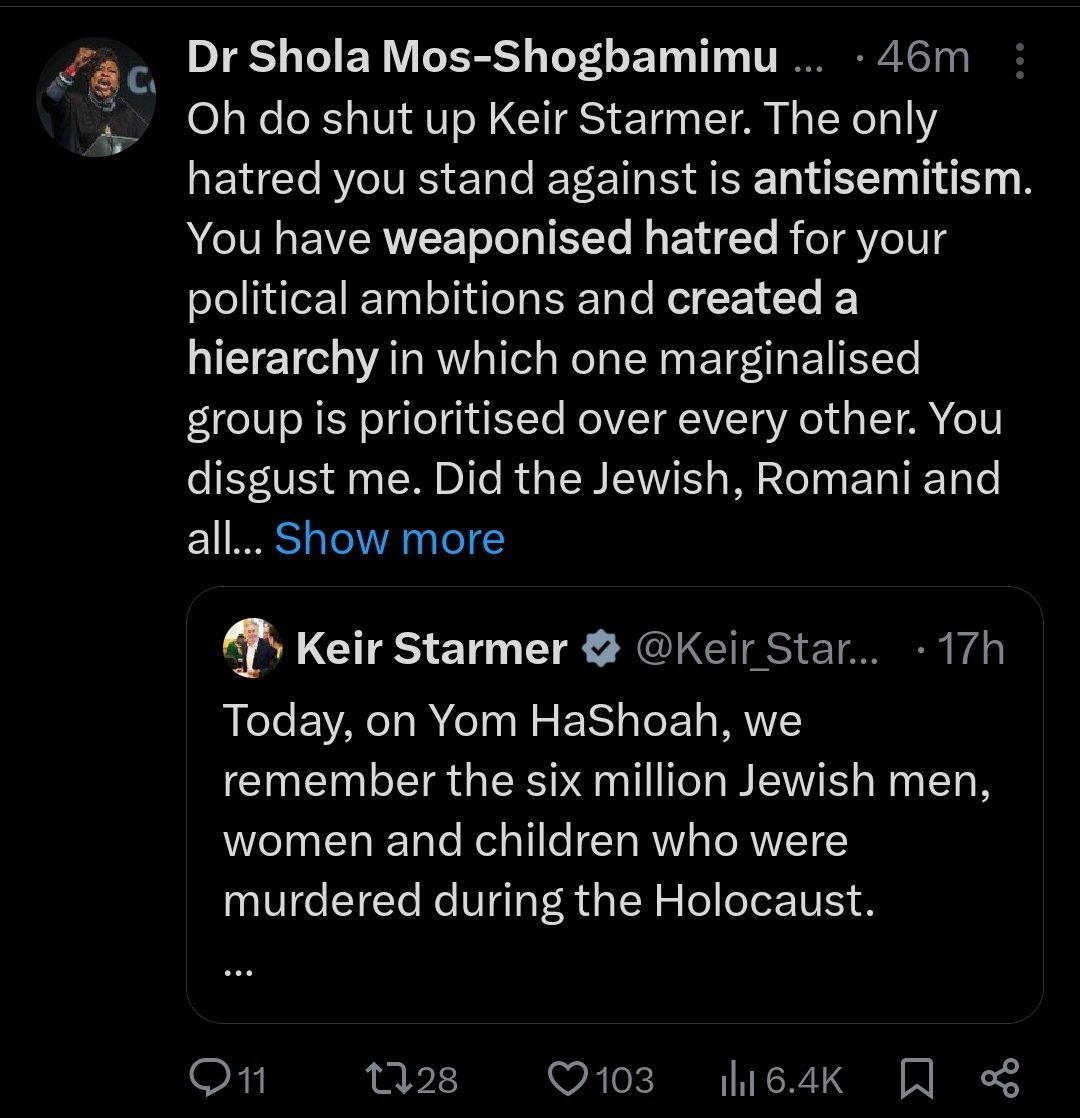 A truly vile and abhorrent woman. Tried to 'insult' me yesterday when I called her bullshit. On Holocaust Remberance Day, @SholaMos1 can't let it go.