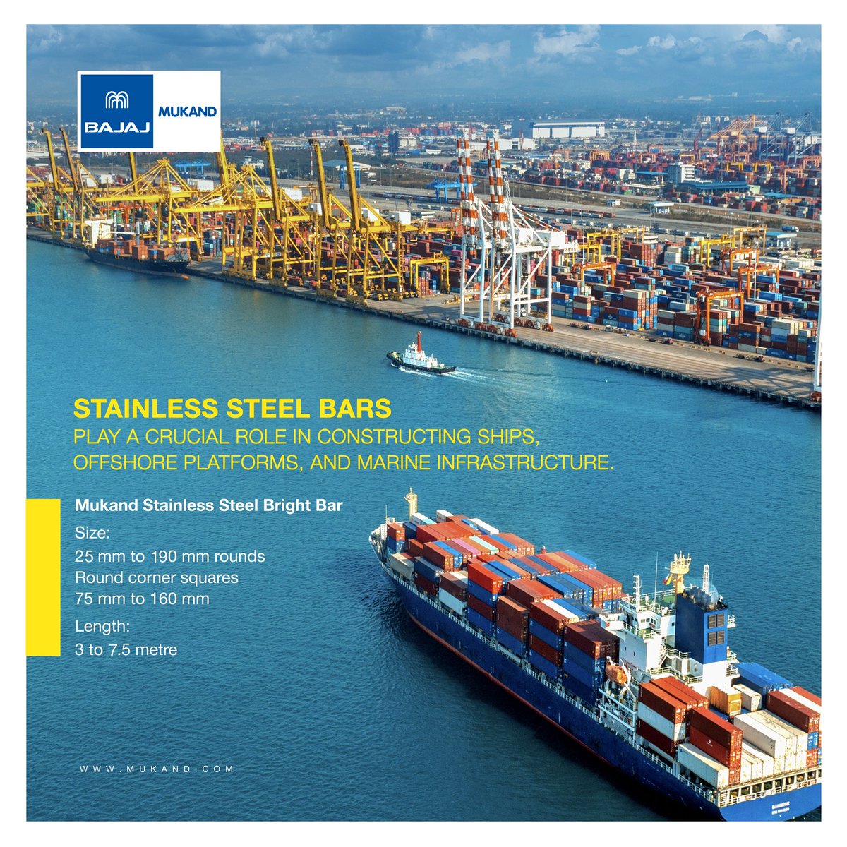 In the challenging conditions of the open sea, stainless steel shines as the ideal material for #shipbuilding. 

#StainlessSteel #BrightBars #Shipbuilding #MarineIndustry #Durability #MukandLimited #Engineering #Innovation #Quality #Performance #Bajaj #Manufacturing