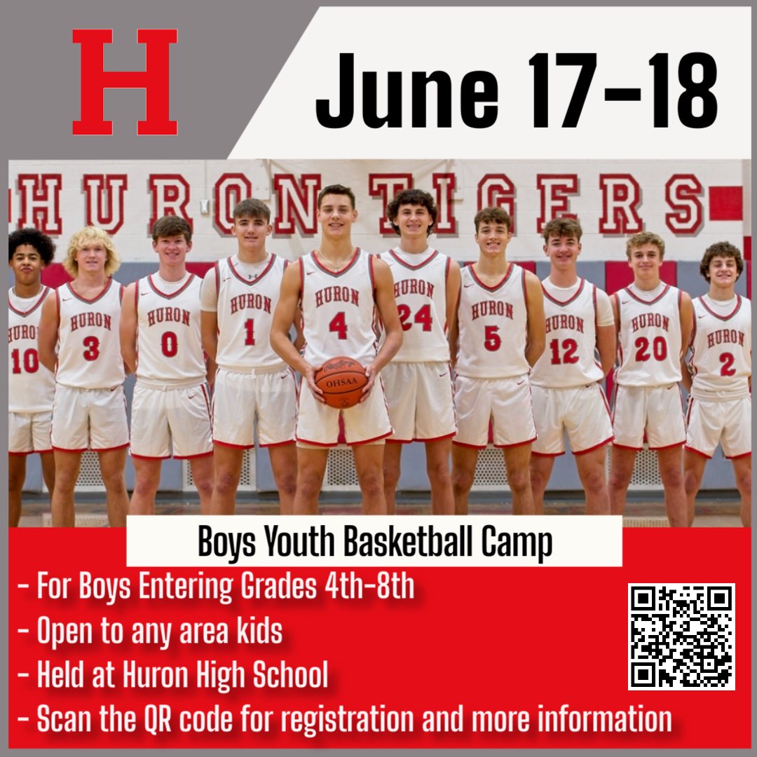 (We are flipping times for ages)
Sign ups close June 1

🚨Basketball Camp🚨
🏀 Boys entering 4th-8th grade 
💰 $60
⏰ 7th-8th 9am-11am
⏰ 4th-6th 11:30am-1:30pm

All campers get a t shirt and a chance to win camp awards. Scan the QR code in the graphic to register!

#TigerPride🐅