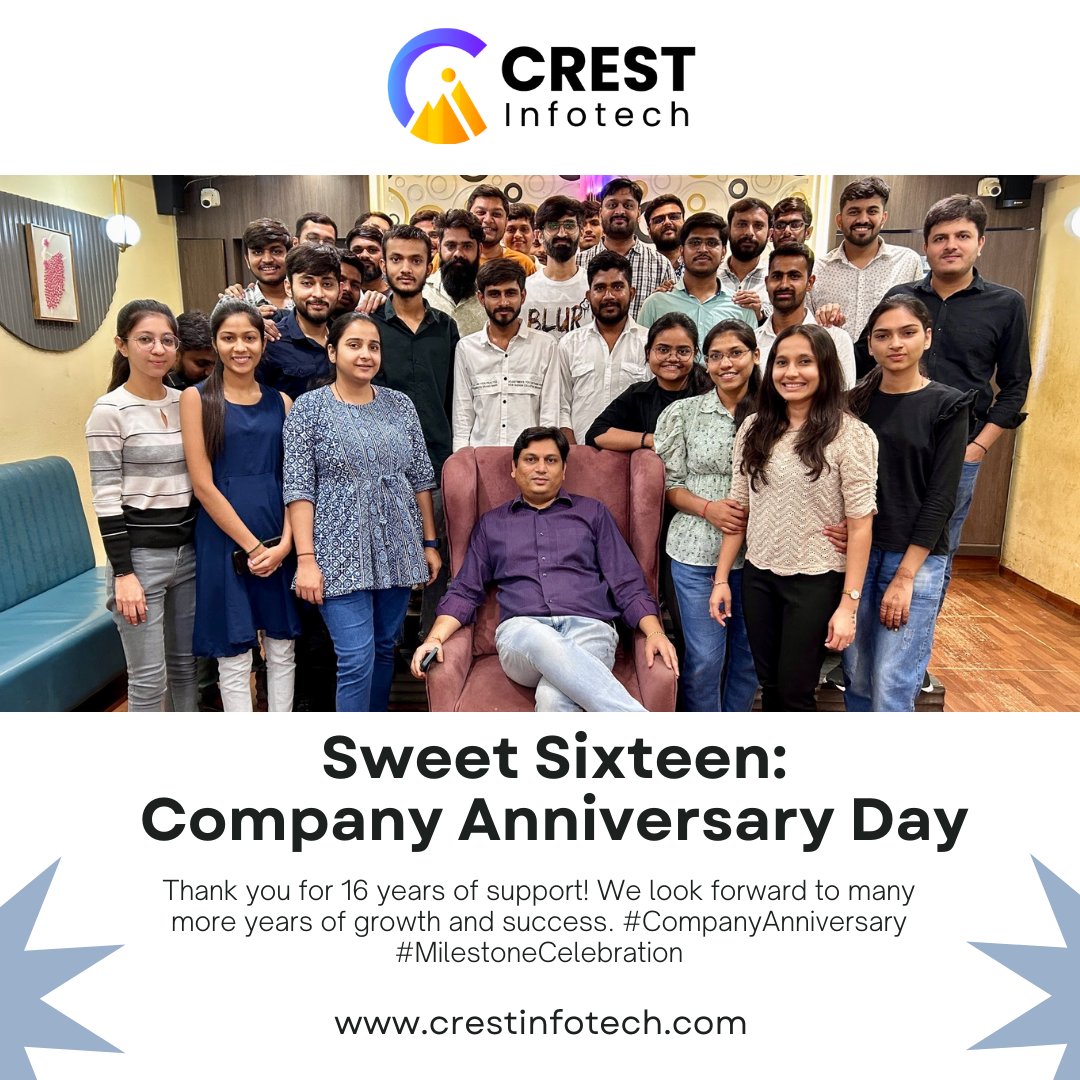 'Crest Infotech Company Day: A celebration of collaboration, a tribute to excellence, and a testament to our unity.' @Crest_Web ™

#companyanniversary #anniversary #thankyou #years #workcelebration #business #companycelebration #journey #companybirthday #workanniversary