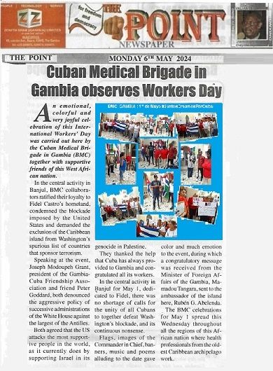 Also today, May 6, in print and digital editions of #Gambian newspaper #ThePoint : #Cuban Medical Brigade in #Gambia observes Workers Day. #45GambiaCuba 🇨🇺🇬🇲 thepoint.gm/africa/gambia/…