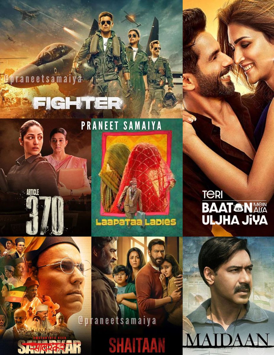My Top 7 #Bollywood Movies 2024 

1. #Fighter ⭐️⭐️⭐️⭐️½
2. #Article370 ⭐️⭐️⭐️⭐️
3. #LaapataaLadies ⭐️⭐️⭐️⭐️
4. #Shaitaan ⭐️⭐️⭐️⭐️
5. #SwatantryaVeerSavarkar ⭐️⭐️⭐️½
6. #Maidaan ⭐️⭐️⭐️½
7. #TBMAUJ ⭐️⭐️⭐️½

Detailed Review in [A Thread] 🧵