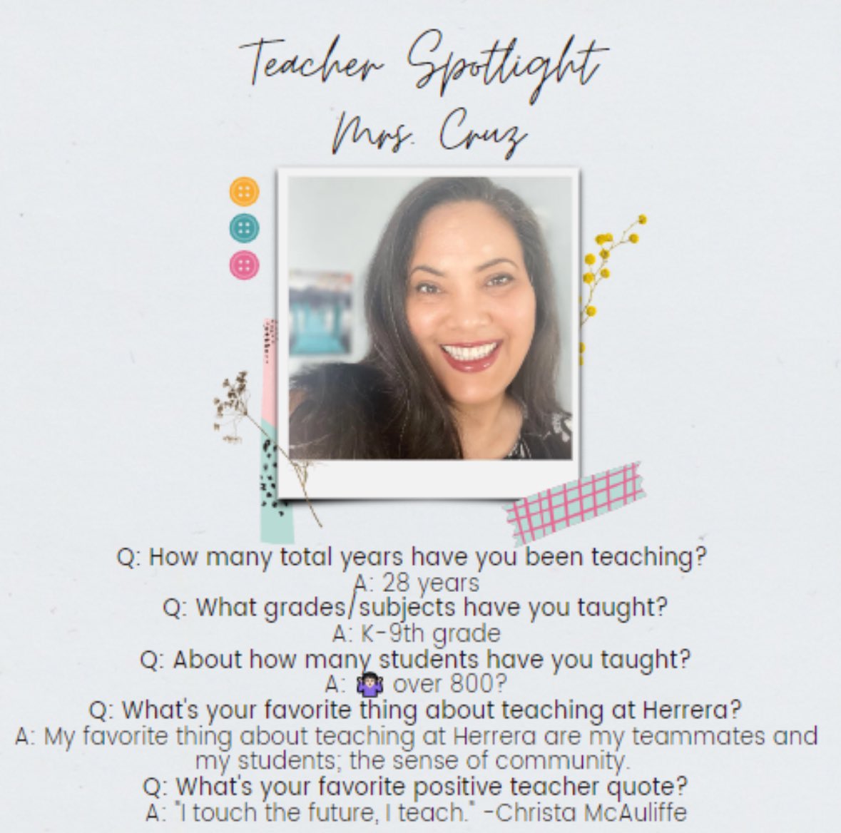 Teacher Spotlight #1: Mrs. Cruz🐾
@HoustonISD @TeamHISD 
#TAW #HerrerHuskies #ThankHISDTeachers