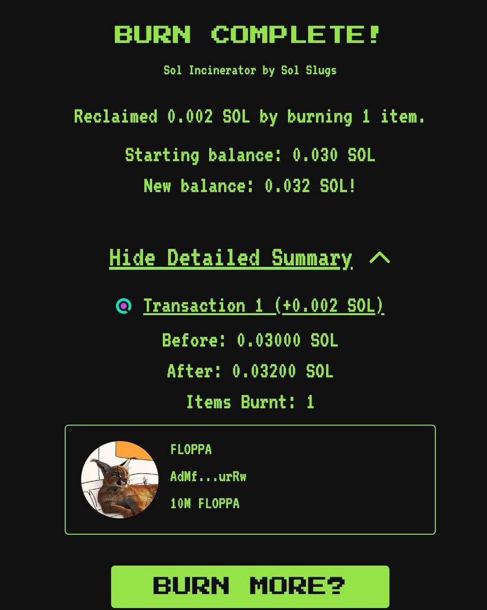 This is our first burn! Right now it is 10M $FLOPPA on fire!  We will perform 10 burns of $FLOPPA up to a 10m MC. This will allow us to reduce the supply of $FLOPPA and increase its value, which will have a positive impact on the Market Cap 🔥🔥

sol-incinerator.com/#:~:text=Burn%…

$SOLANA