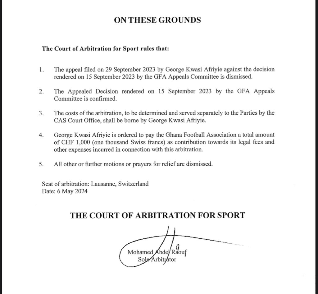 🚨 CAS ruling on the case between George Afriyie and Ghana Football Association….👇🏿