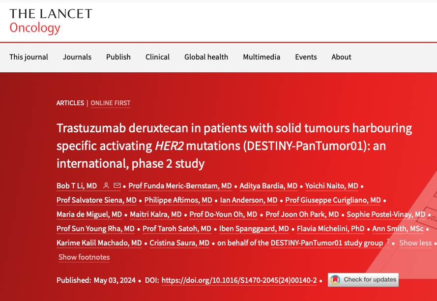 DESTINY-PanTumor01 Study evaluates trastuzumab deruxtecan, in patients with metastatic solid tumors harboring specific activating HER2 🧬mutations ✅Demonstrating significant anti-tumor activity and durable responses ➡️suggesting potential for broader application across various