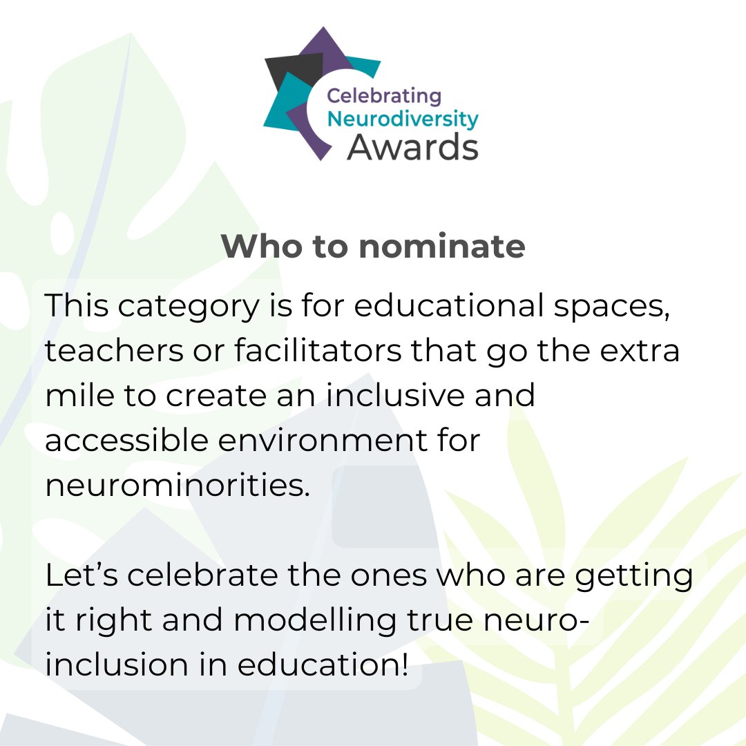 Nominations will be opening tomorrow for the #CelebratingNeurodiversityAwards!

Today we have been sharing the categories for 2024 🏆 

Get thinking about who YOU would like to nominate.

#CNDawards #InclusiveEducation #EduTwitter #AccessibleEducation #Teachers #HomeEd #Tutors