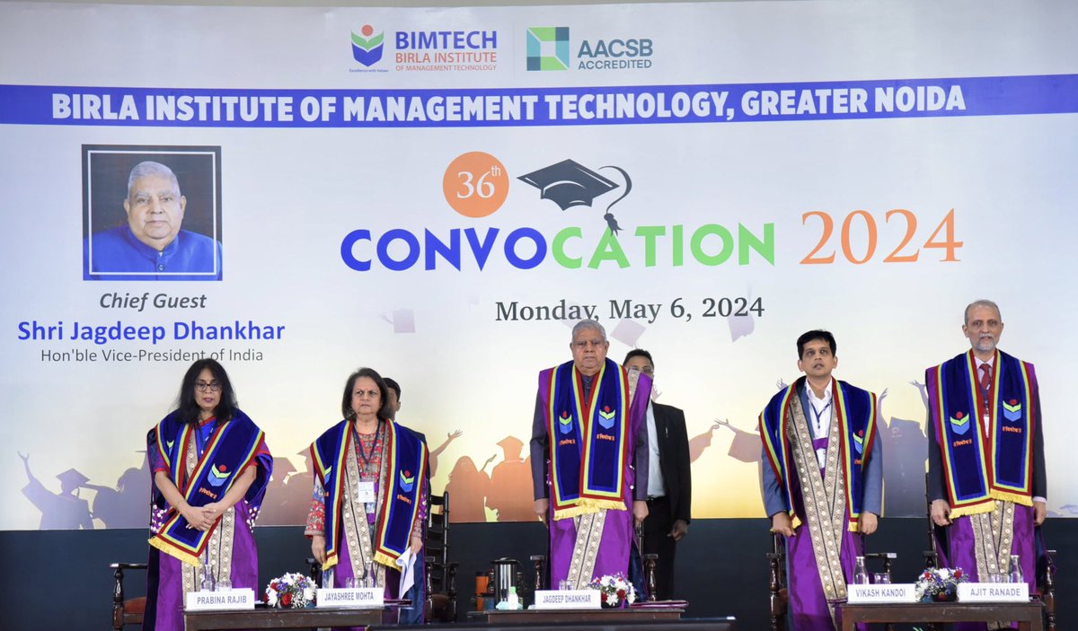 Hon'ble Vice-President, Shri Jagdeep Dhankhar presided as Chief Guest at the 36th Convocation of Birla Institute of Management Technology in Greater Noida today. @BIMTECHNoida