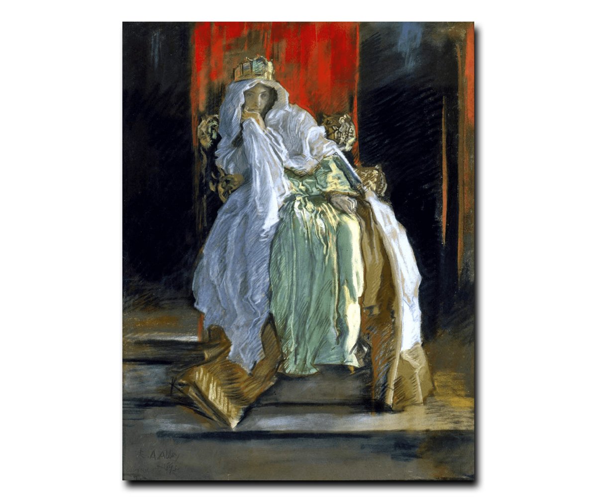 Art Inspiration For Today: The Queen in Hamlet by Edwin Austin Abbey (American), pastel on paperboard, genre: Victorian Art, Illustration, 1895 #thequeeninhamlet #edwinaustinabbey #americanart #victorianart #shakespeare #pohoartist #pastelart #artonx
