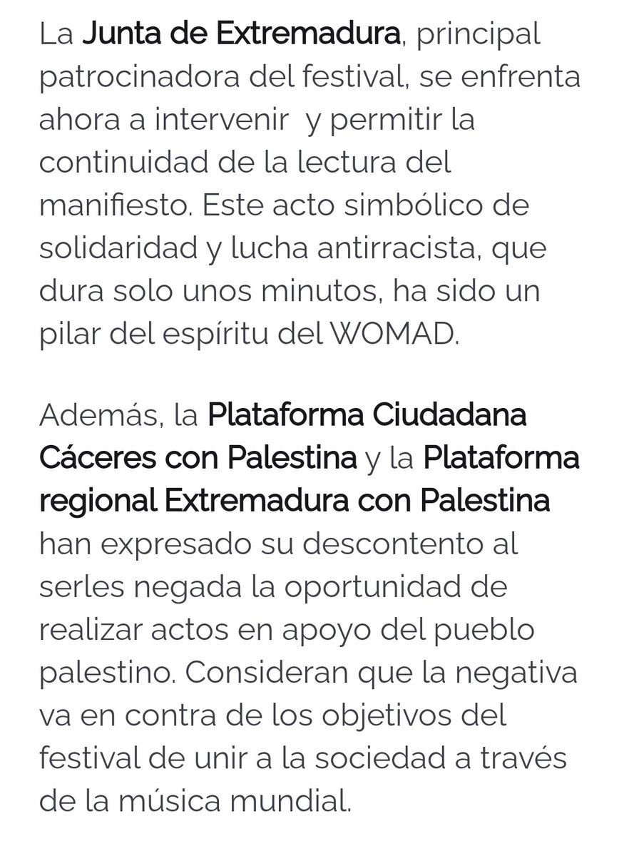 ⚠️ 🇵🇸 Por primera vez desde que el Womad se celebra en Cáceres (1992), a la Plataforma de Cáceres con Palestina NOS NIEGAN la habitual lectura del manifiesto solidario.

No bloquearán la solidaridad internacionalista del pueblo extremeño 

📝 digitalextremadura.com/la-organizacio…