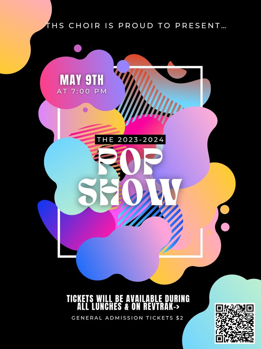 Pop Show is THIS Thursday! Tickets available during all lunches and on RevTrak using the QR code! You don’t want to miss this show! #travistigerchoir #popshow #everybodyrejoice