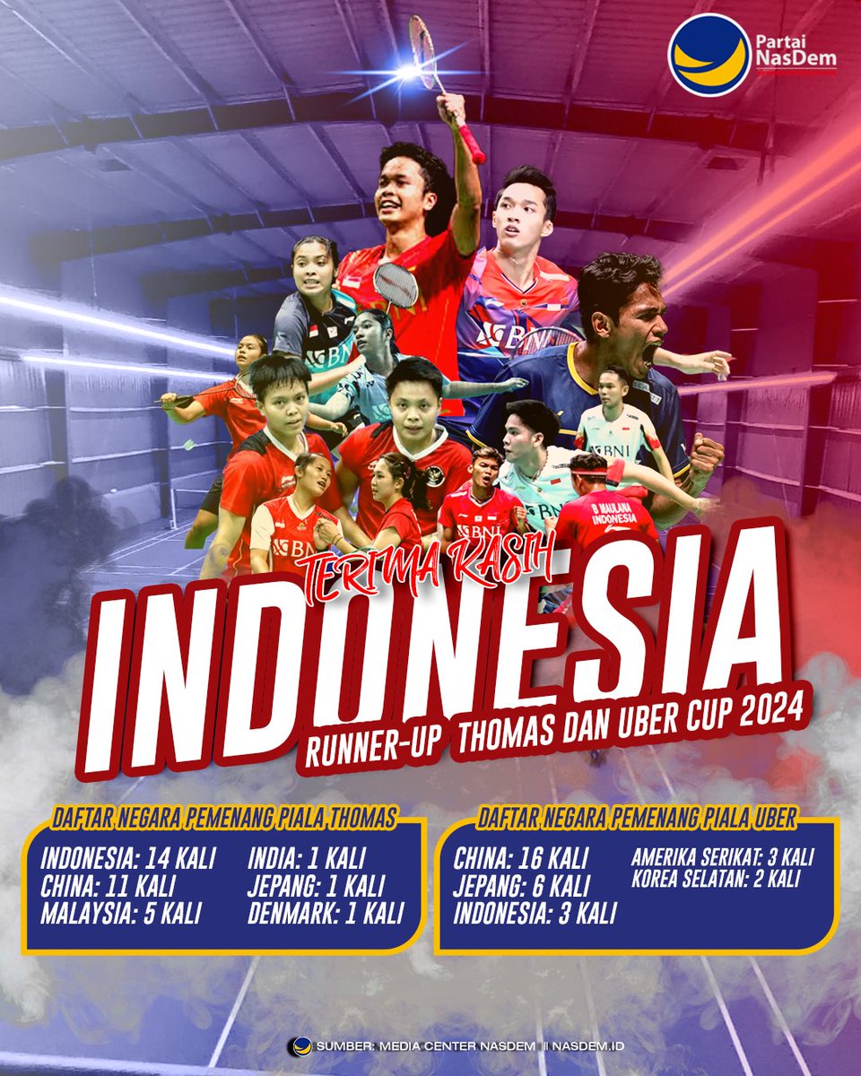 Terima kasih atas perjuangan tim Badminton Putra dan Putri Indonesia di ajang Thomas dan Uber Cup 2024. Indonesia bangga! #ThomasCup2024 #UberCup2024 #Indonesia
