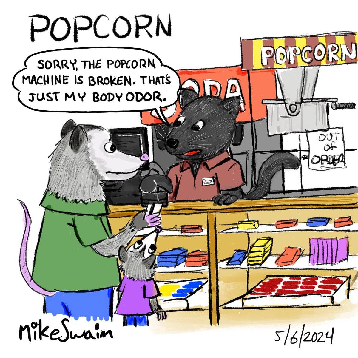 P is for popcorn for this week’s #AnimalAlphabets This week I chose a Binturong a Southeast Asian animal with an odor that smells like hot buttered popcorn. @AnimalAlphabets Reposted to correct an error. #Binturong #possum #movie #popcorn #comic #draw #illustration