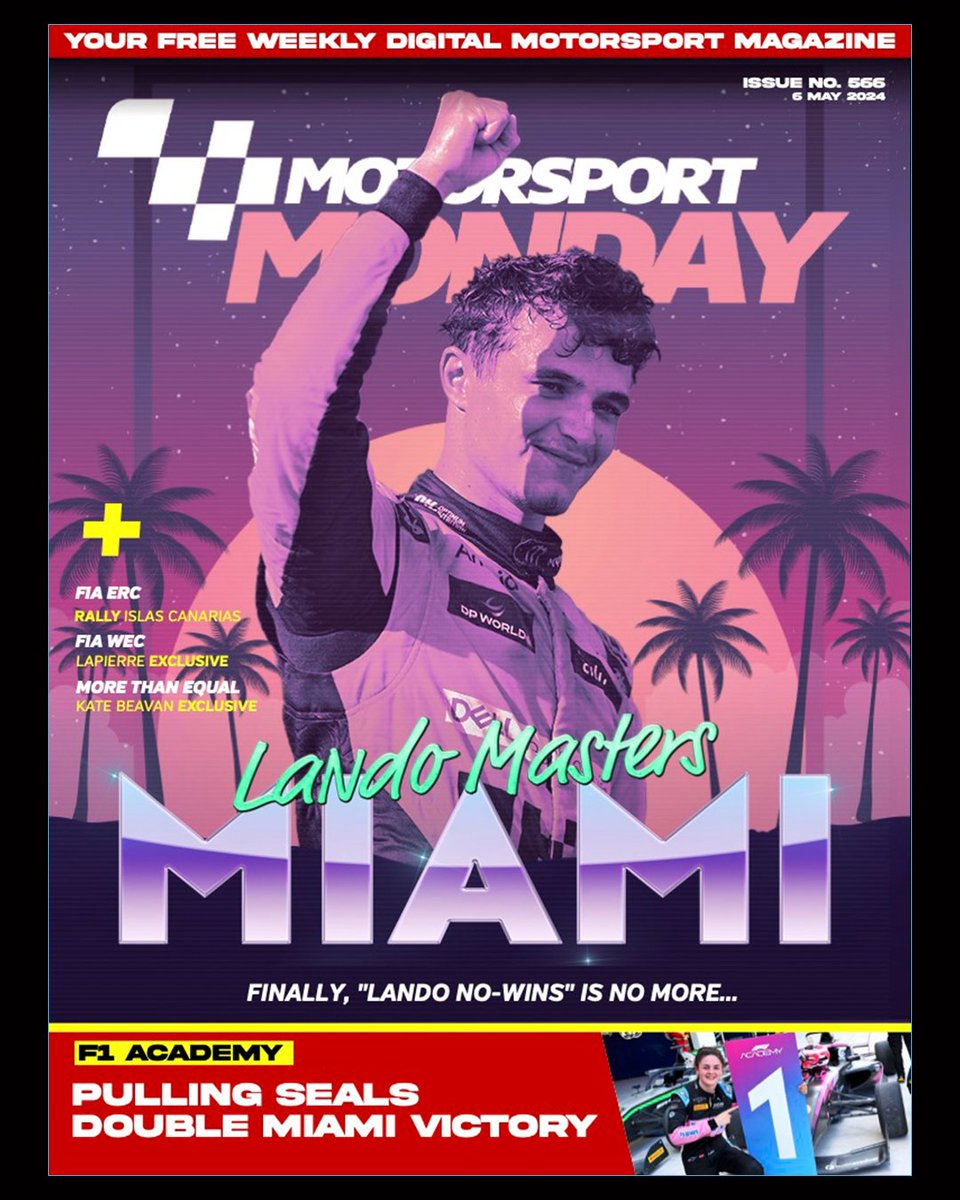.@LandoNorris: No-wins, no more! Read all about his incredible @f1miami exploits in #MotorsportMonday! Plus reports from @f1academy and @FIAERC. Moreover, we have features and exclusives covering @Morethan_Equal and @FIAWEC All FREE TO READ here 👉 tinyurl.com/mse3tpcf