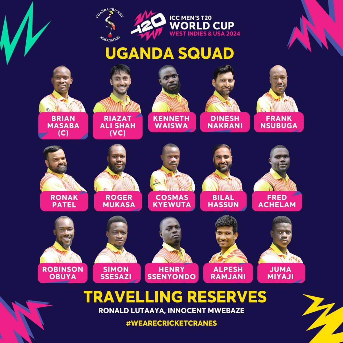 Squad Announcement! 🏏

 Uganda's top cricketers are primed for the T20 World Cup in the West Indies & USA! 🌟🏆 Let's rally behind the Cricket Cranes as they soar to victory! 🇺🇬👏

Check the full squad 

 #T20WC #UgandaProud #WeAreCricketCranes