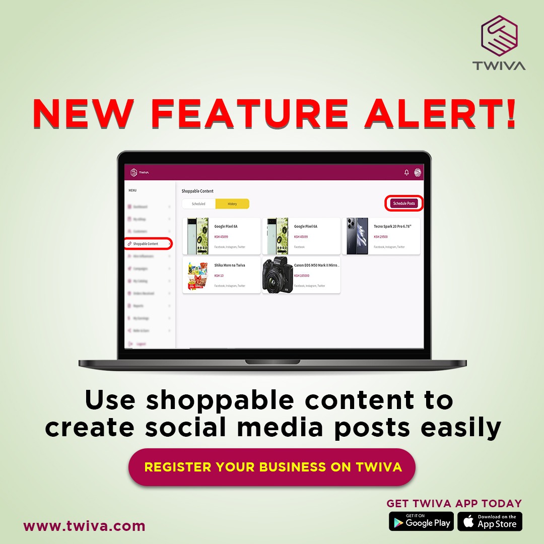 🚨 NEW FEATURE ALERT 🚨 Boost your online sales with Twiva's Shoppable Content! Automate and schedule social posts directly from your dashboard. Register your business on our website or via the Twiva app. #TwivaBusiness #shoppablecontent #socialselling