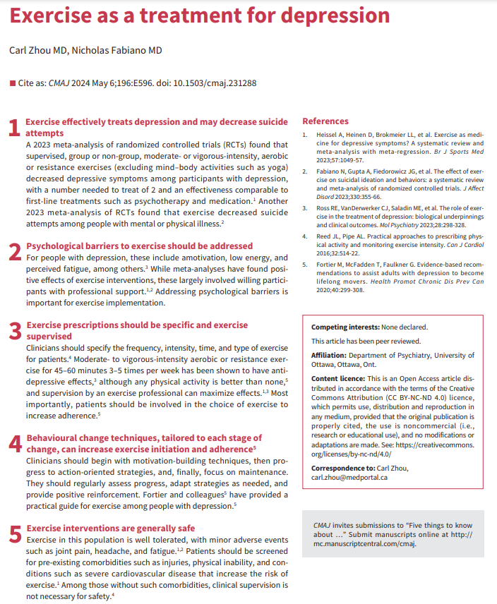Our new paper in <a href="/CMAJ/">CMAJ</a> highlights five things to know about exercise as a treatment for depression. cmaj.ca/content/196/17…
