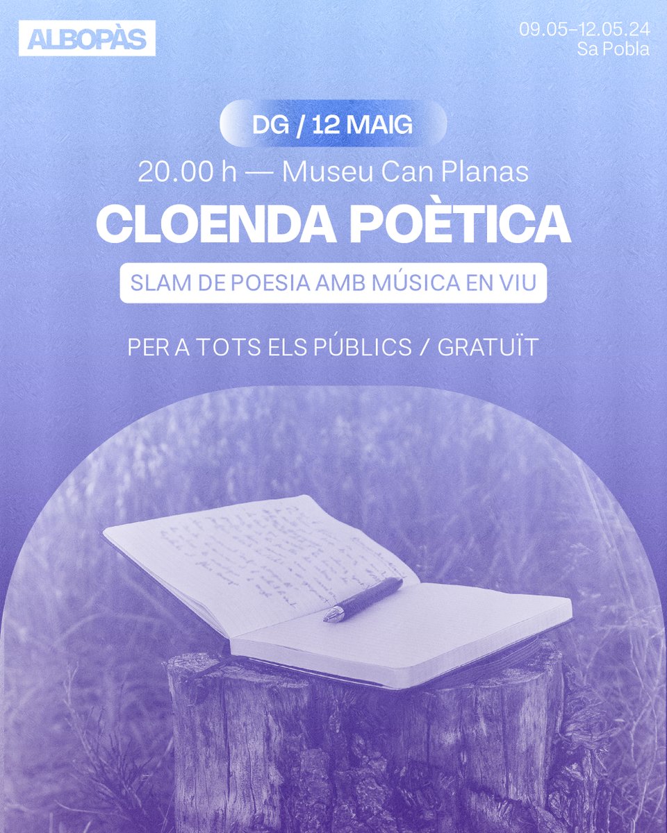 Tres poetes improvisaran amb música en viu, oferint una experiència escènica única per tancar l'edició  Poetes: Laia Claver-Nadal, Jeroni Mas i Noelia Díaz  Músics: Sara Mingolla i Jaume Oliver  Ja pots consultar el programa complet a linktr.ee/albopas #albopàs #sapobla
