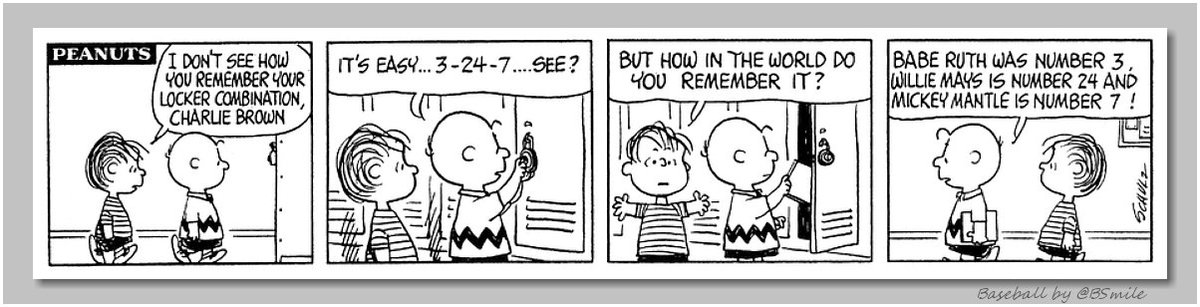 “Babe Ruth was number 3, Willie Mays is number 24 and Mickey Mantle is number 7!” ~ Charlie Brown has a great way to remember his locker combination! (Classic Peanuts - 1966) #MLB #Baseball #Legends