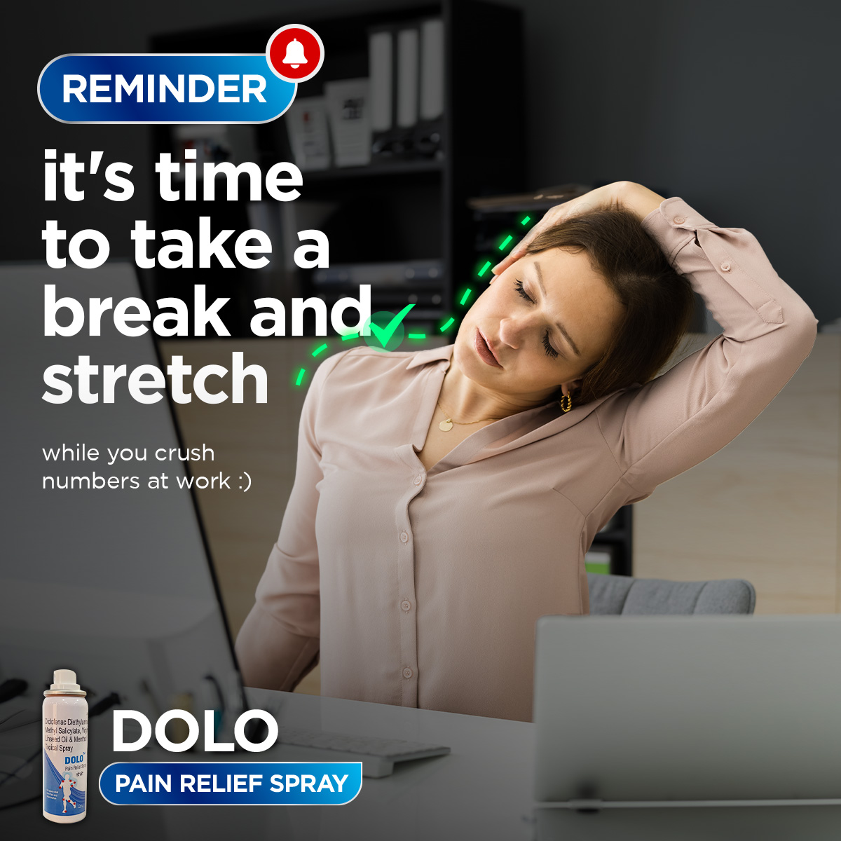 Don't let pain stop your hustle. Take a breath, stretch it out, and win at work

#PainIsTemporary #HustleHard #KeepPushing #TakeABreath #StretchItOut #WorkWins #WorkLifeBalance #SuccessMindset #MicroWellness #Microlabs #DoloPainReliefSpray