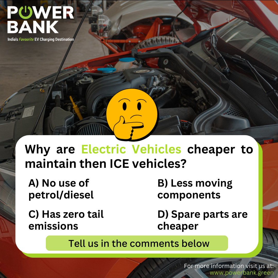 Which of the following is the reason behind electric vehicles being cheaper to maintain
Let us know in the comments.

#ev #evindia #electricvehicle #electriccar #quiz #evcharging #evchargingstation #greenenergy #emobility #sustainabletransport #environment #travel