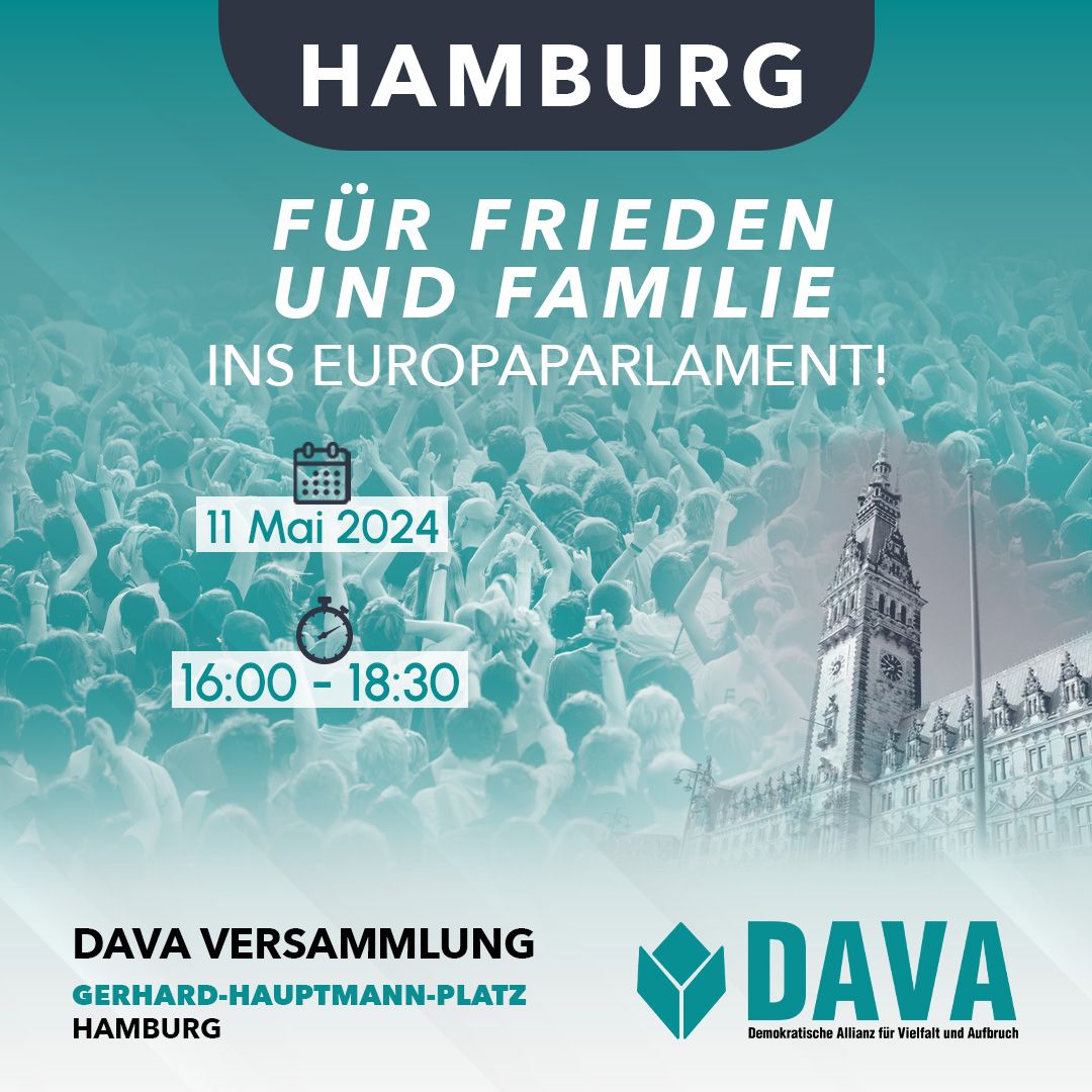 🇩🇪🇪🇺 DAVA Live in Hamburg! 🎉 Schließe dich uns an, um gemeinsam für Frieden in Deutschland, Europa und der ganzen Welt einzutreten! Am Samstag, den 11. Mai, versammeln wir uns von 16:00 bis 18:30 Uhr auf dem Gerhard-Hauptmann-Platz in Hamburg. #dava