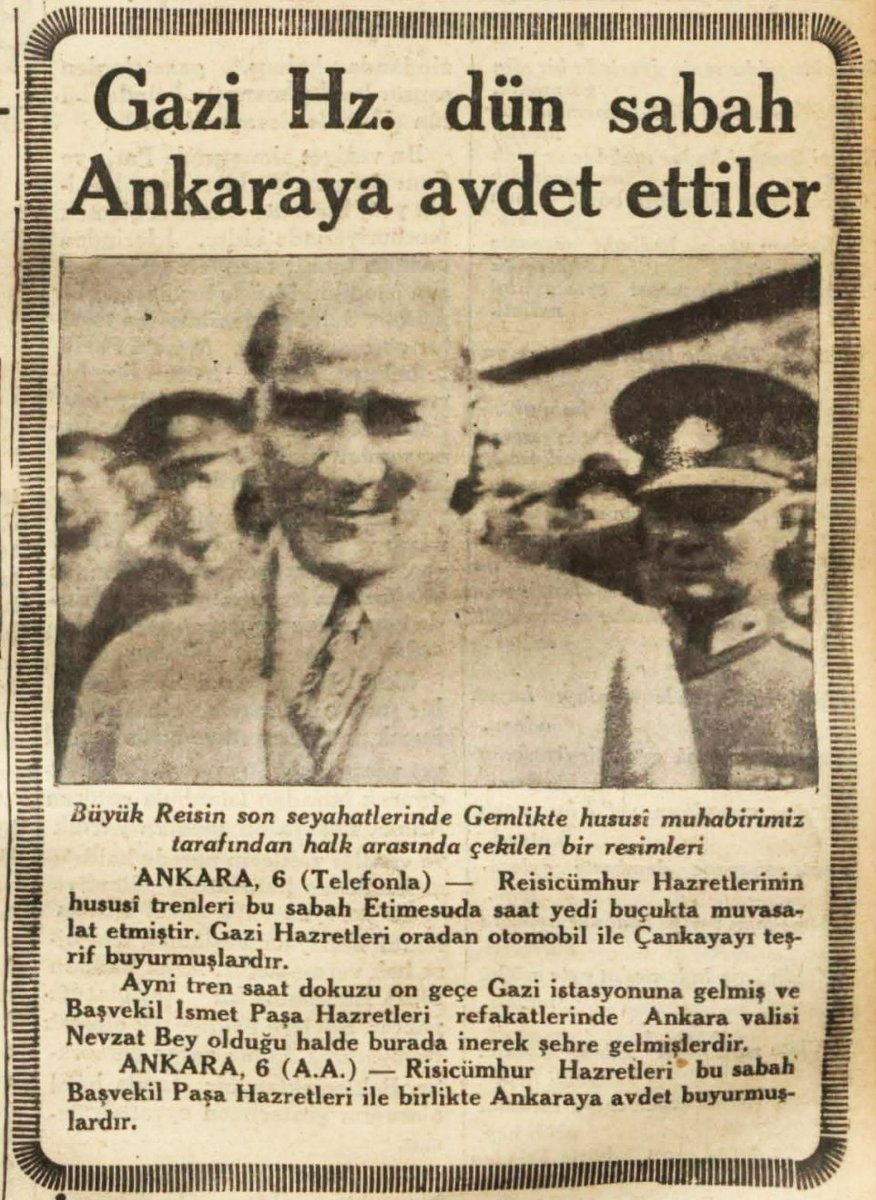 #TarihteBugün 📅 Gazi Mustafa Kemal Atatürk'ün, Ankara'ya gelişi. (6 Mayıs 1934) 7 Mayıs 1934 Tarihli Milliyet Gazetesi. 📰 Gazi Hz. dün sabah Ankara'ya avdet ettiler Büyük Reisin son seyahatlerinde Gemlik'te hususi muhabirimiz tarafından halk arasında çekilen bir resimleri.