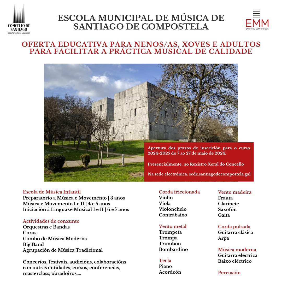 Escola Municipal de Música de Santiago (@emmstgo) on Twitter photo Na seguinte ligazón poden consultar a publicación de prazas vacantes para o curso 24/25: santiagodecompostela.gal/e_santiago/anu…
Do 7 ao 27 de maio poden solicitar praza inscribíndose no Rexistro Xeral do Concello <a href="/GorettiSRei/">Goretti S. Rei</a>
<a href="/PazodeRaxoi/">Concello de Santiago</a> <a href="/MiriamFLouzao/">Míriam Louzao</a>
#curso24_25 #EMM #SantiagoDeCompostela Na seguinte ligazón poden consultar a publicación de prazas vacantes para o curso 24/25: santiagodecompostela.gal/e_santiago/anu…
Do 7 ao 27 de maio poden solicitar praza inscribíndose no Rexistro Xeral do Concello <a href="/GorettiSRei/">Goretti S. Rei</a>
<a href="/PazodeRaxoi/">Concello de Santiago</a> <a href="/MiriamFLouzao/">Míriam Louzao</a>
#curso24_25 #EMM #SantiagoDeCompostela